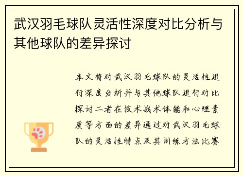 武汉羽毛球队灵活性深度对比分析与其他球队的差异探讨